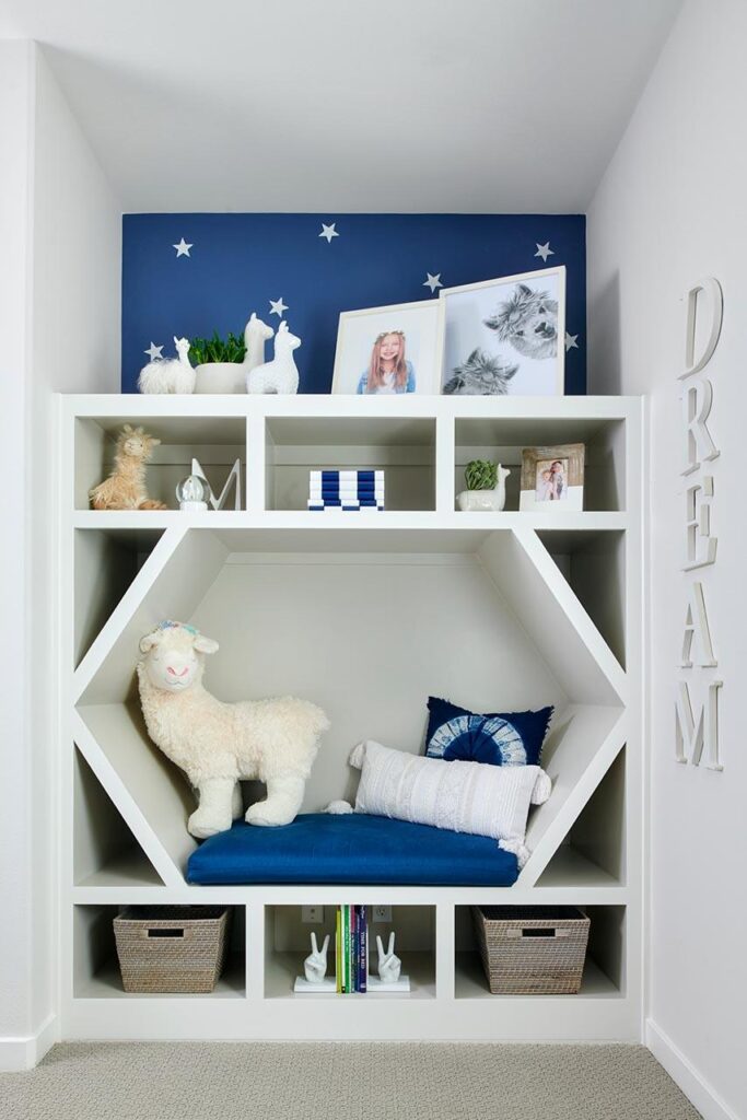 White built-in reading nook in kids bedroom Cava at Rancho Soleo Plan 4 Tripointe Homes Temecula